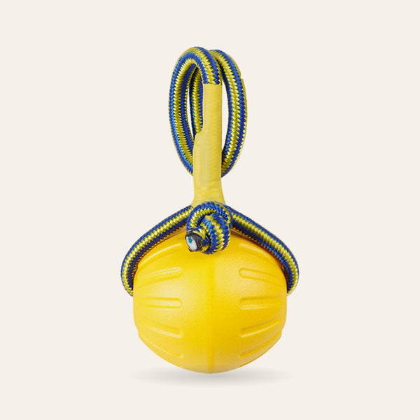Balle jaune avec sa corde bleue et jaune, sur fond ivoire