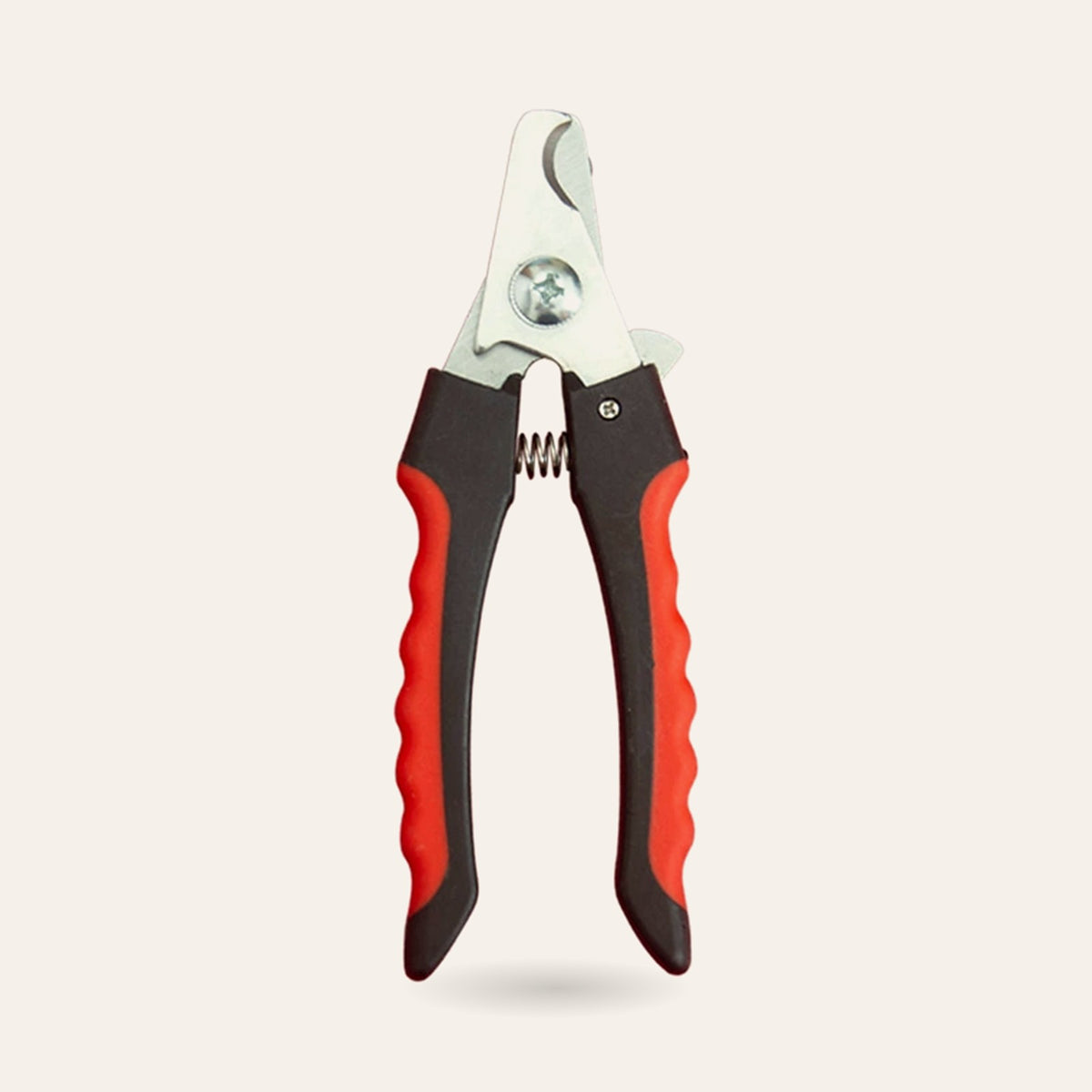 Grand coupe-ongles à poignées rouge et noir, lames en acier inoxydable, sur fond ivoire