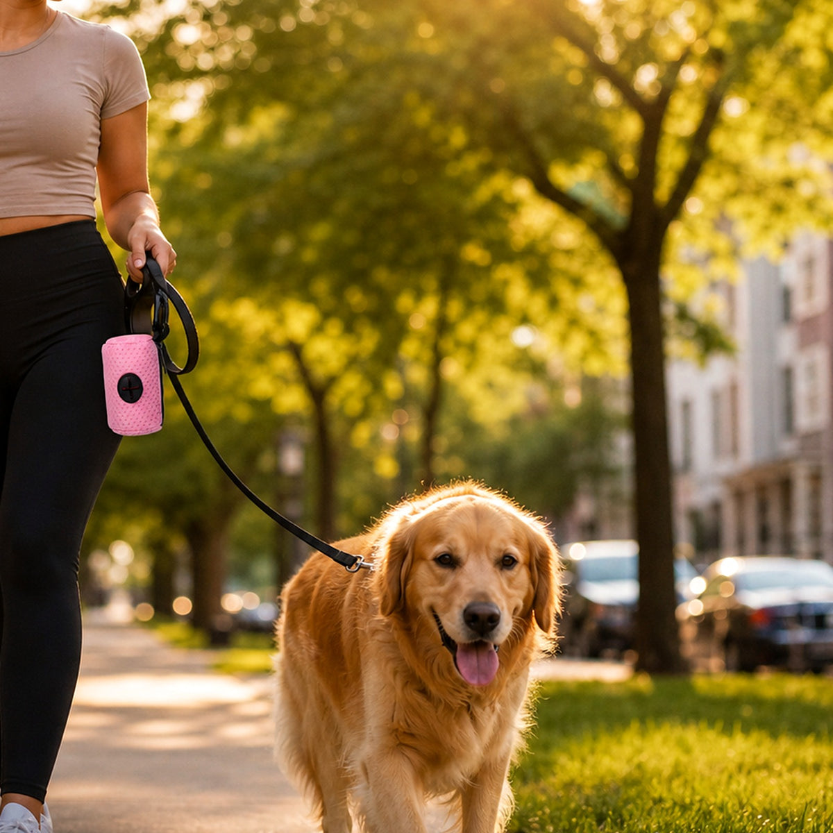Promenade avec un golden retriever : le distributeur rose est clipsé à la laisse