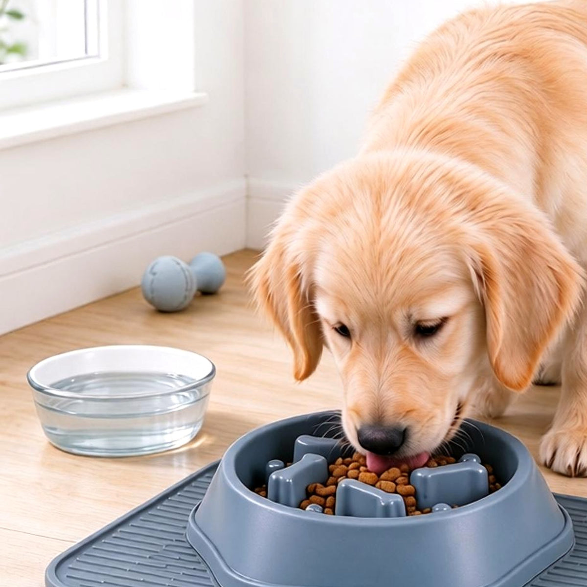 Chien qui mange dans une gamelle anti-glouton posée sur un tapis