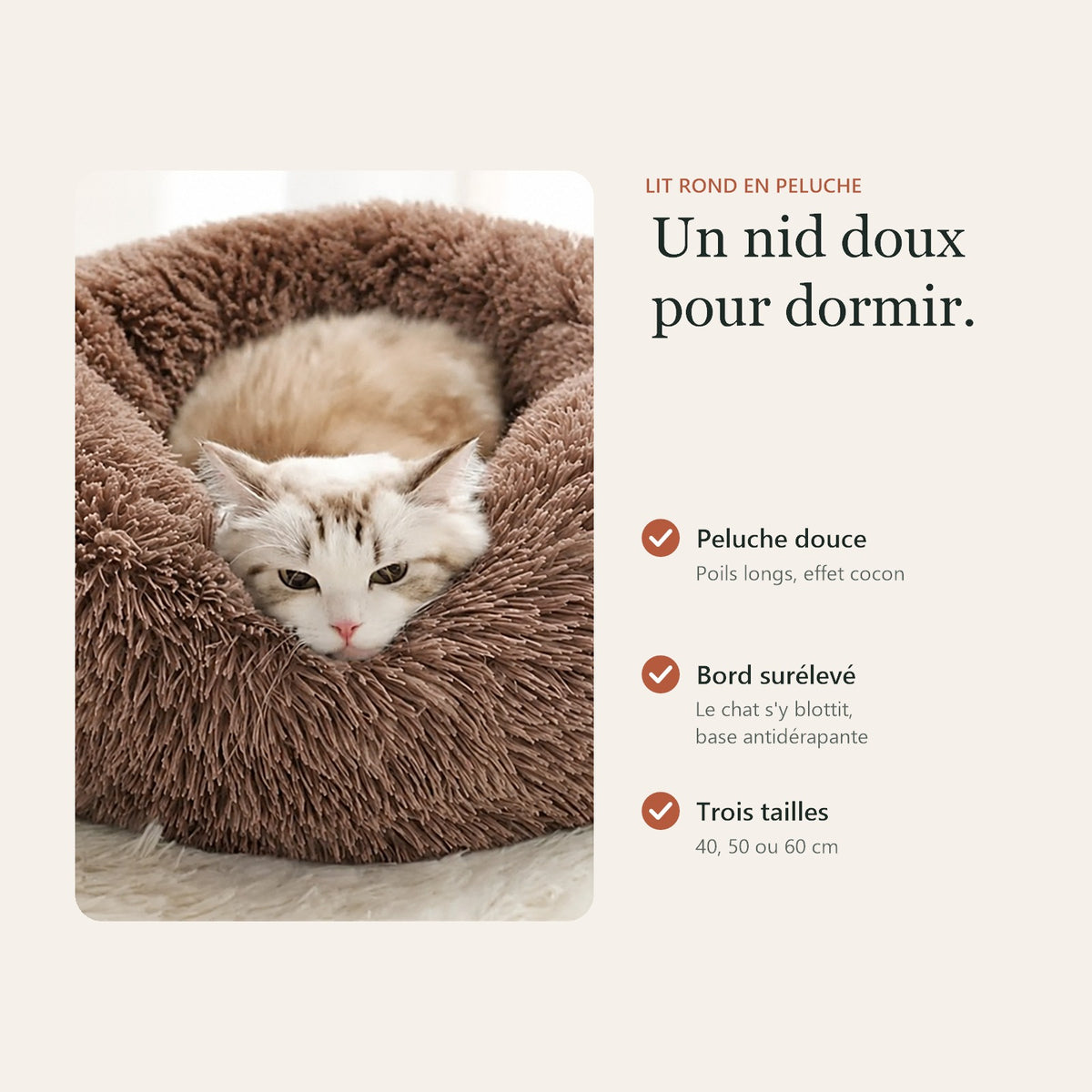 Lit rond en peluche : peluche douce, bord surélevé, trois tailles