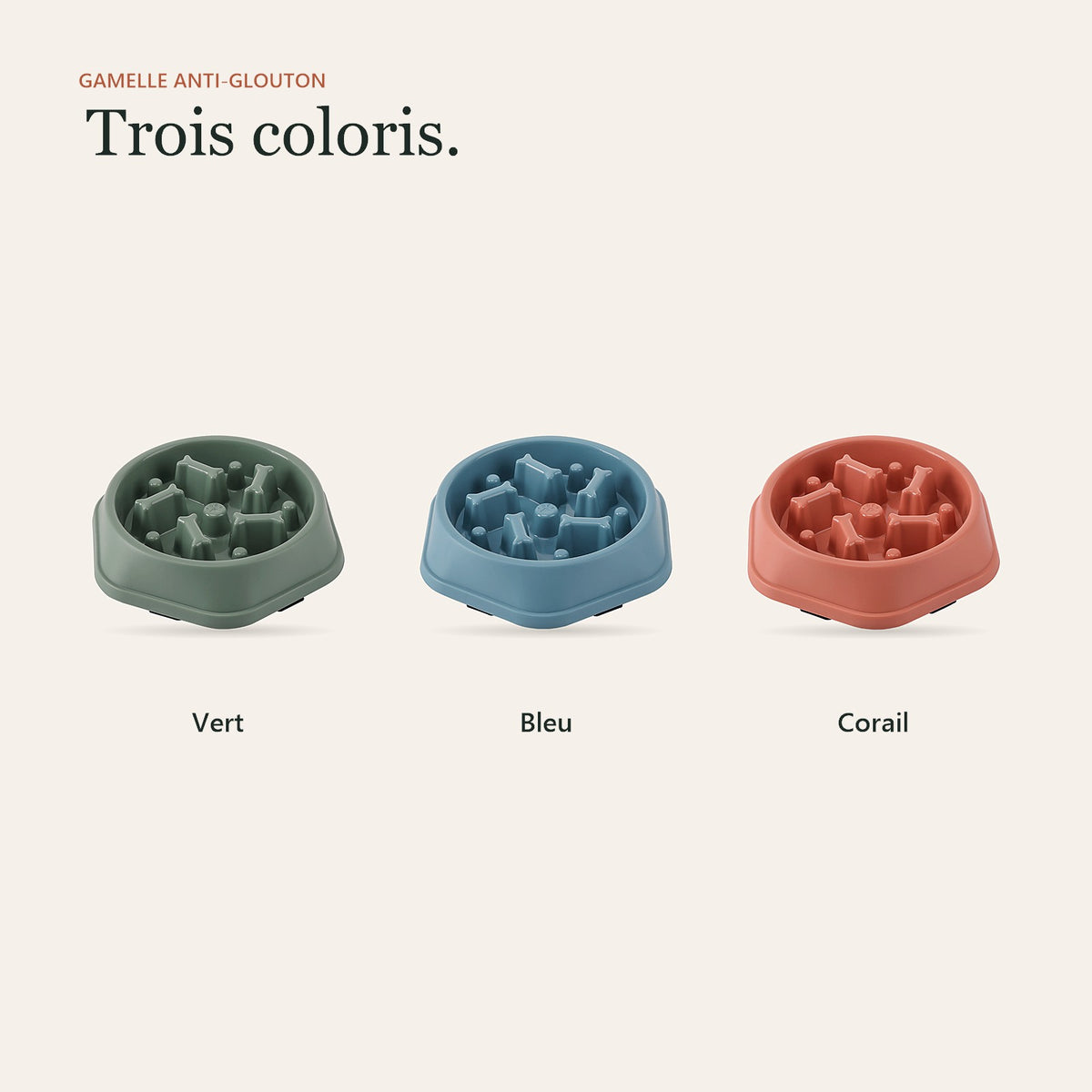 Les trois coloris de la gamelle : vert, bleu et corail