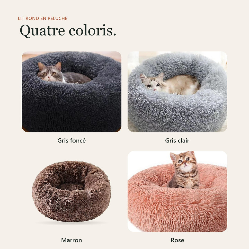 Les quatre coloris du lit : gris foncé, gris clair, marron et rose saumon