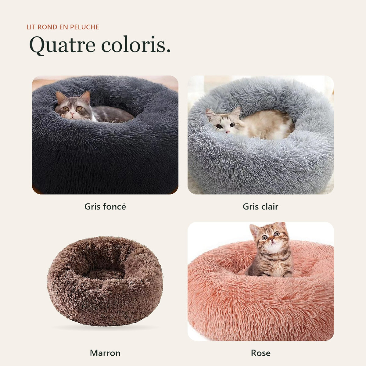 Les quatre coloris du lit : gris foncé, gris clair, marron et rose saumon