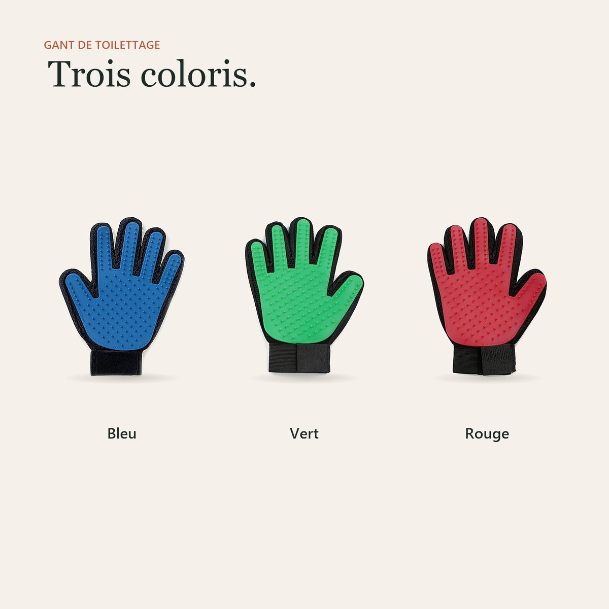 Les trois coloris du gant de toilettage : bleu, vert et rouge