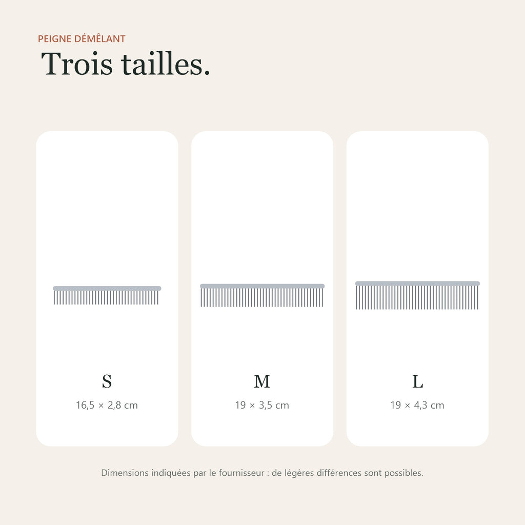 Les trois tailles du peigne : 16,5 × 2,8 cm, 19 × 3,5 cm et 19 × 4,3 cm