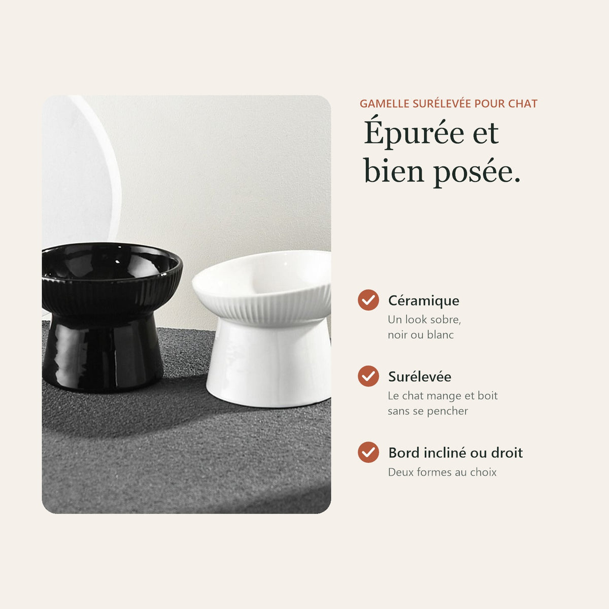 Gamelle surélevée : céramique, pied haut, bord incliné ou droit