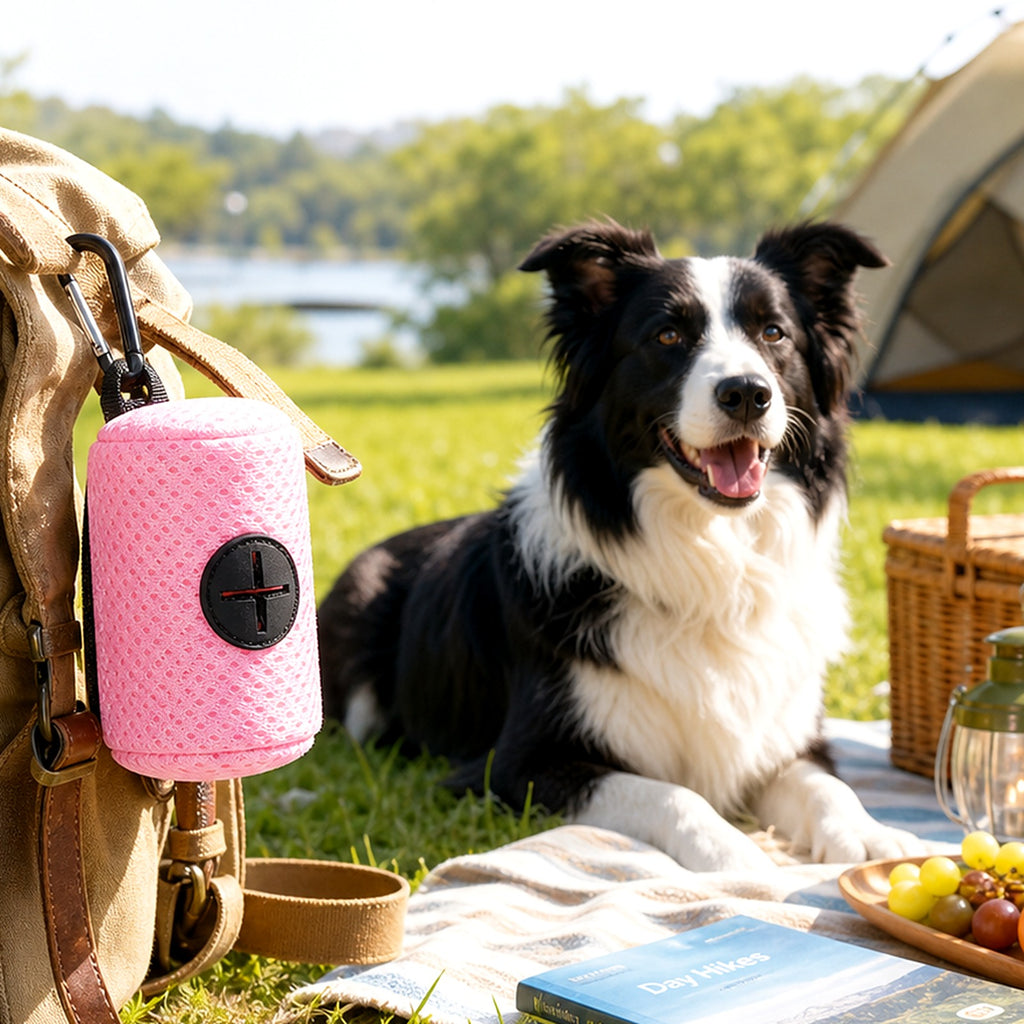 Border collie allongé près d'un sac à dos auquel est accroché le distributeur rose
