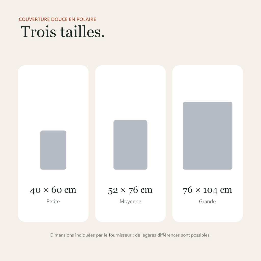 Les trois tailles de la couverture : 40 × 60, 52 × 76 et 76 × 104 cm