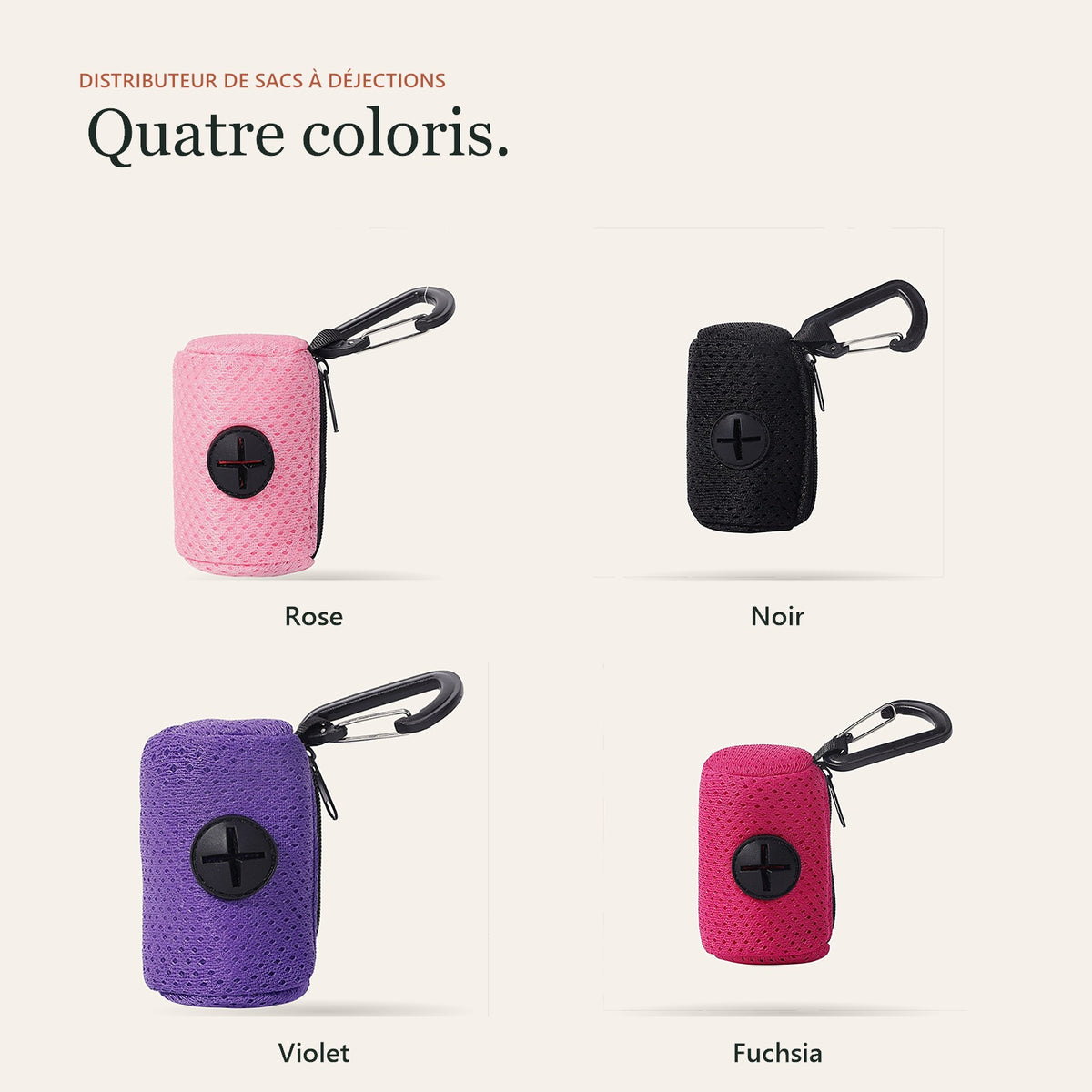 Les quatre coloris du distributeur : rose, noir, violet et fuchsia