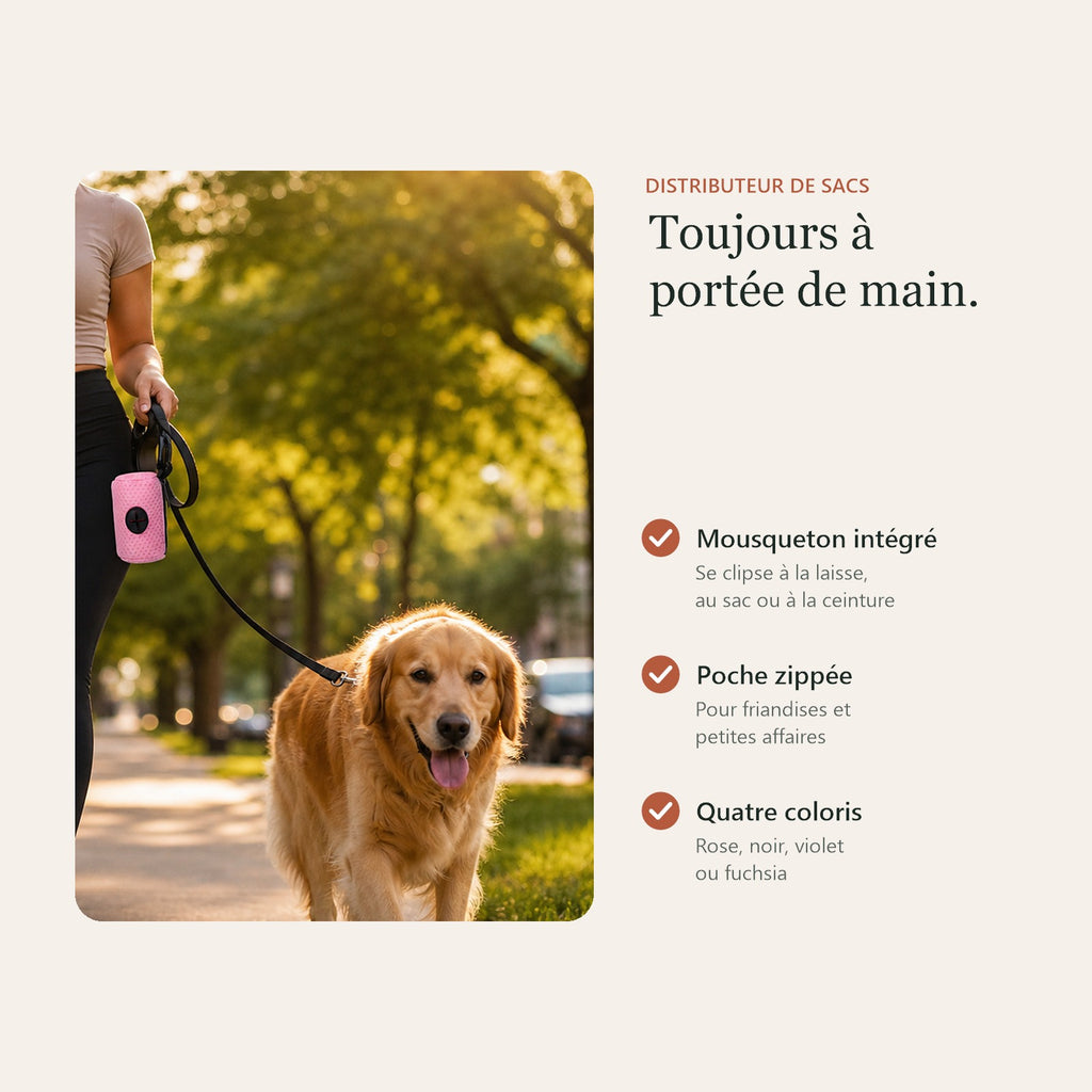 Distributeur de sacs : mousqueton intégré, poche zippée, quatre coloris