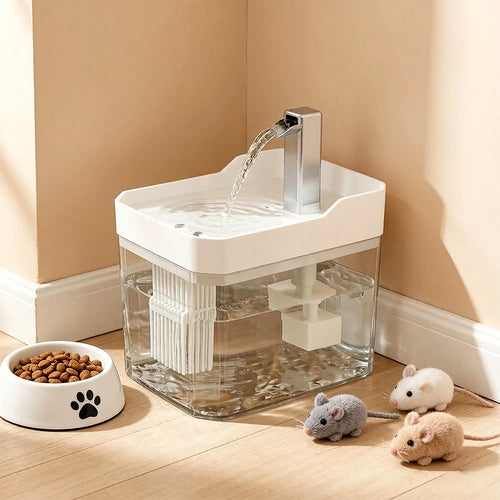 Fontaine à eau pour chat dans un salon, avec une gamelle et des souris en peluche