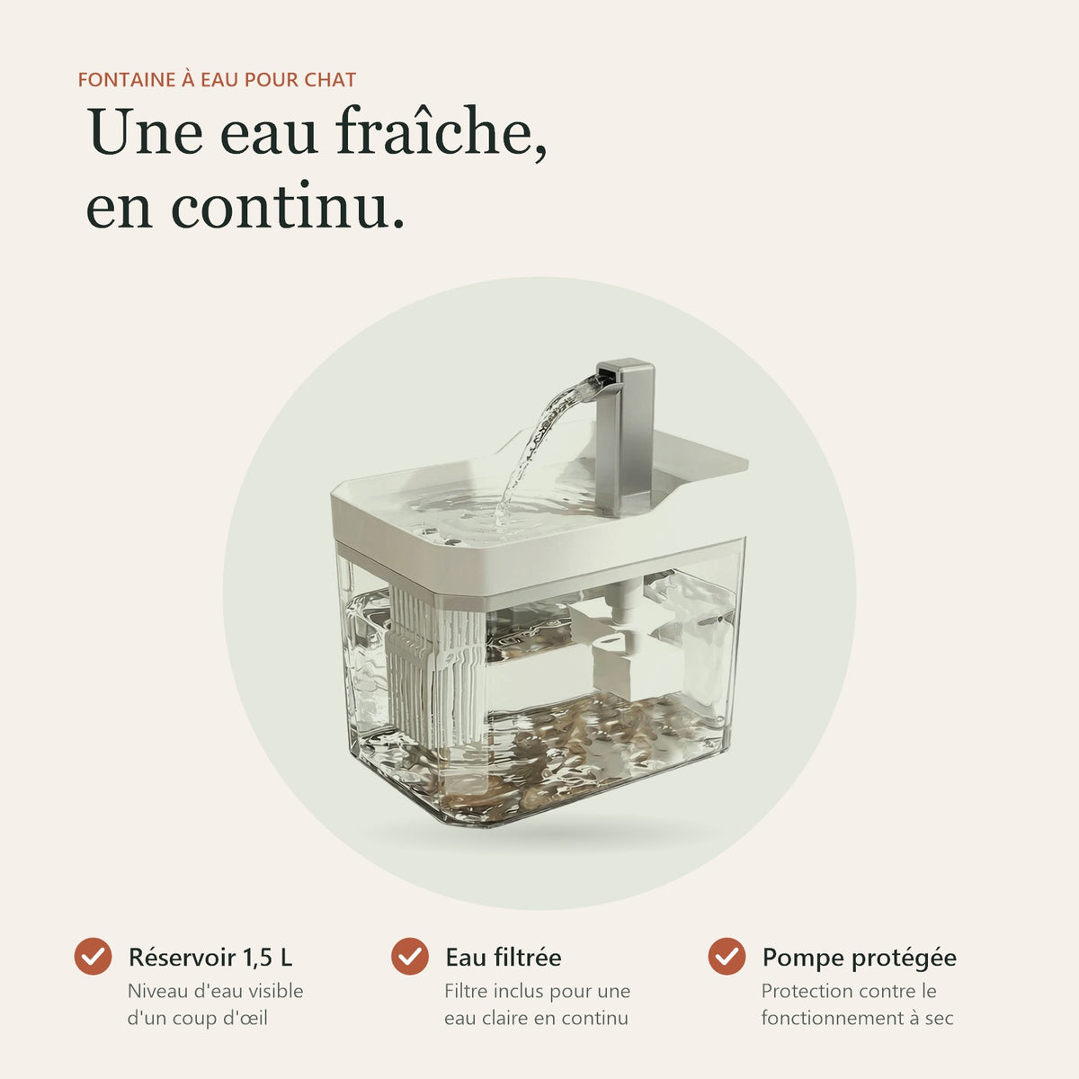 Fontaine à eau pour chat : réservoir 1,5 L, filtre inclus, pompe protégée