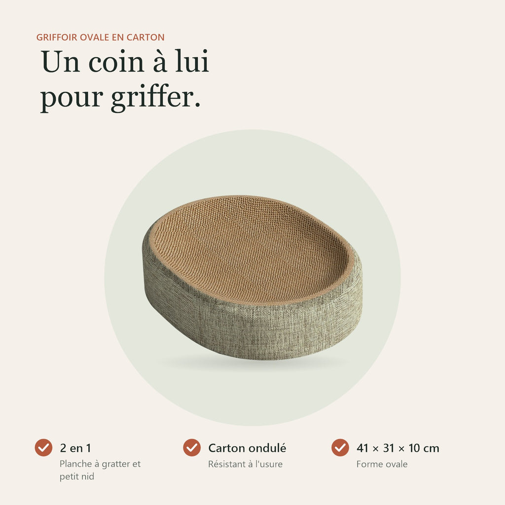 Griffoir ovale : 2 en 1, carton ondulé résistant, 41 × 31 × 10 cm