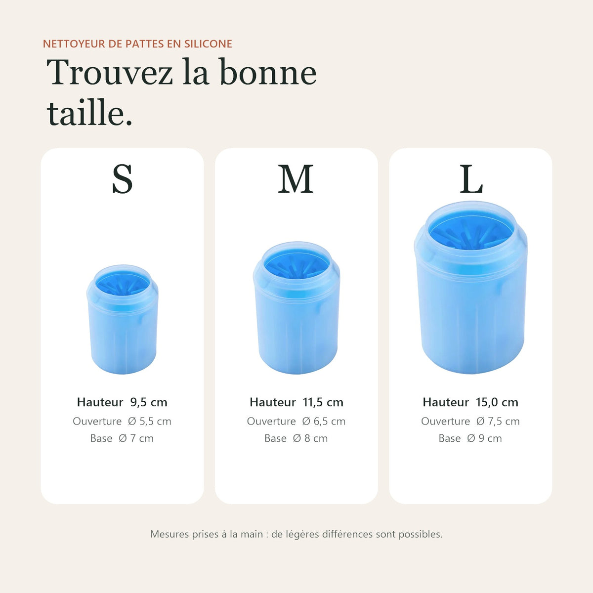 Guide des tailles S, M et L du nettoyeur de pattes