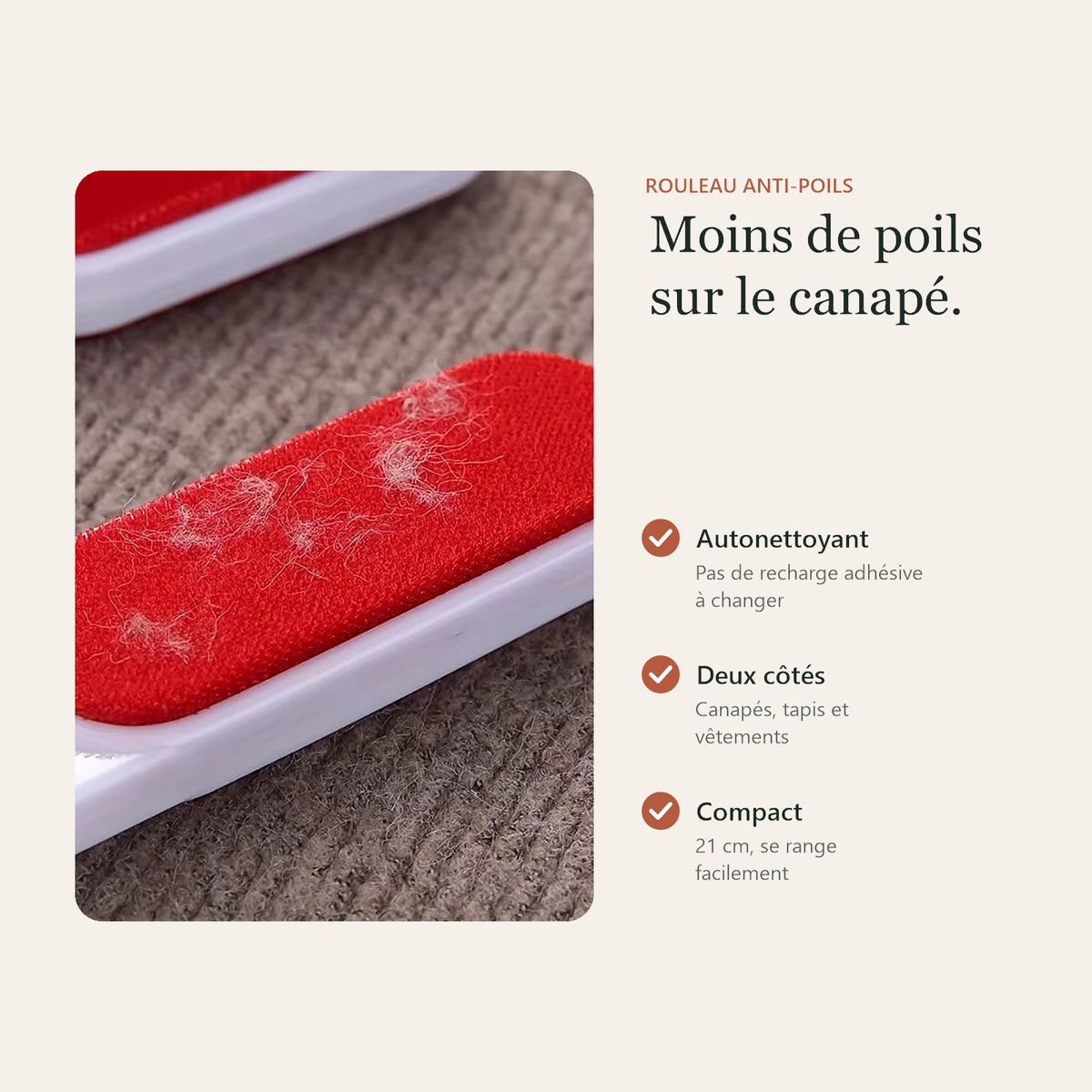 Rouleau anti-poils : autonettoyant, deux côtés, compact (21 cm)