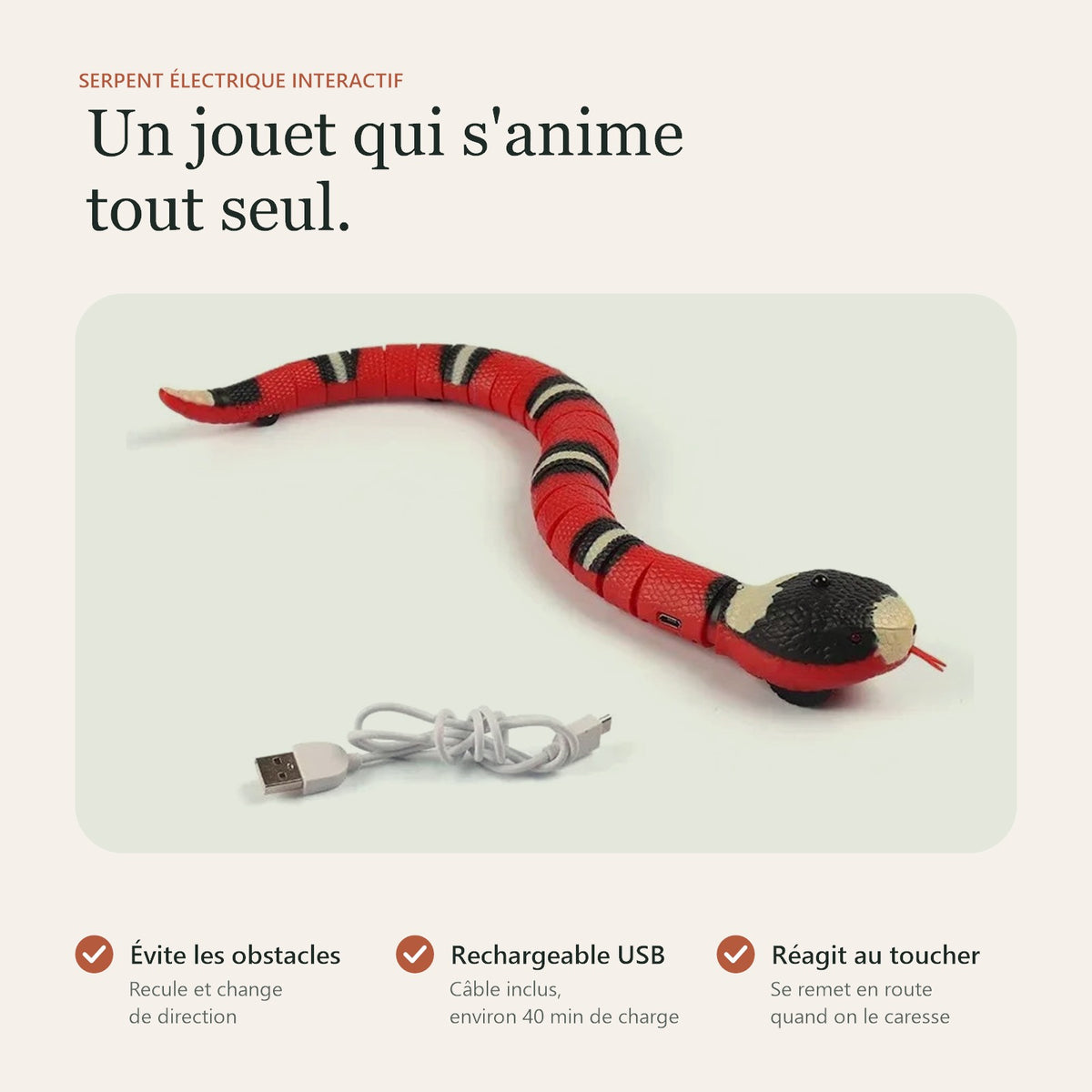 Serpent électrique : évite les obstacles, rechargeable USB, réagit au toucher