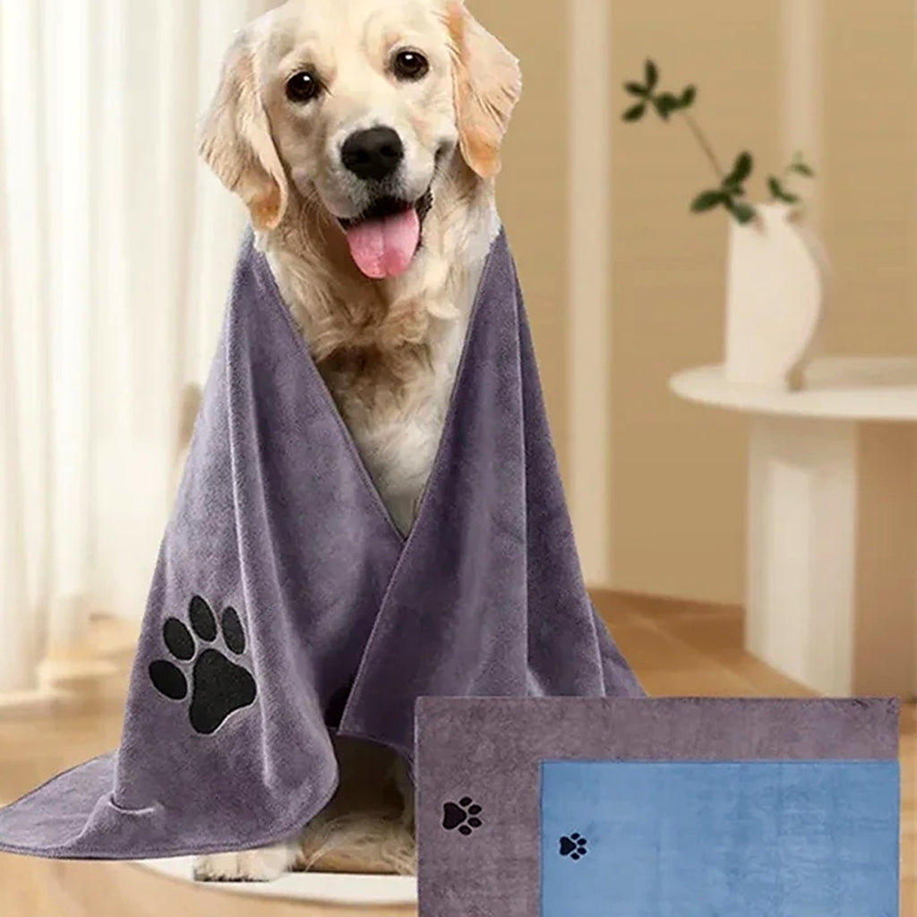 Chien golden retriever enveloppé dans une serviette microfibre