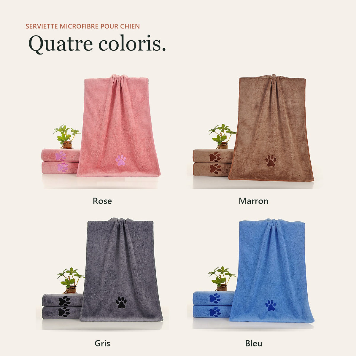 Les quatre coloris de la serviette : rose, marron, gris et bleu