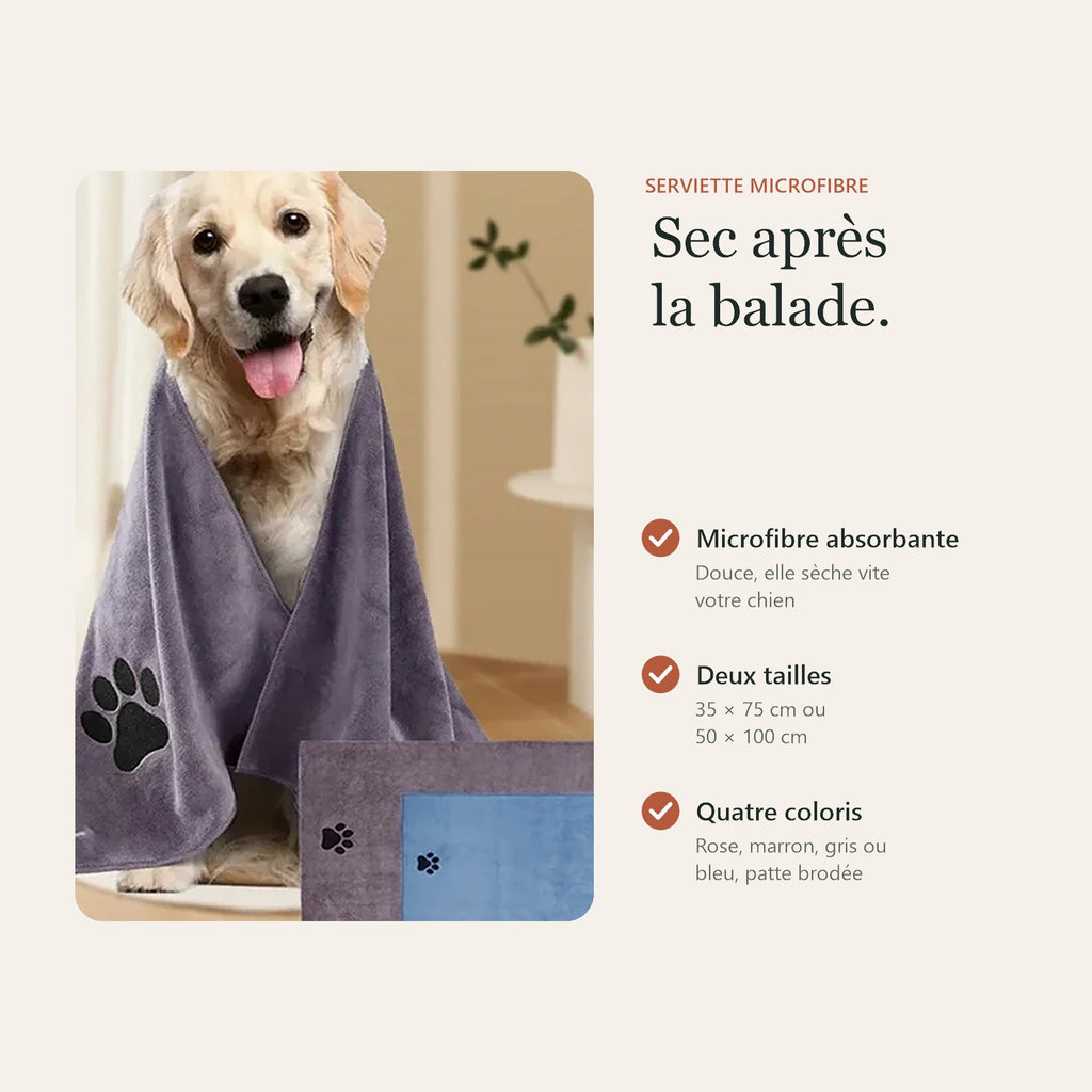 Serviette microfibre pour chien : absorbante, deux tailles, quatre coloris
