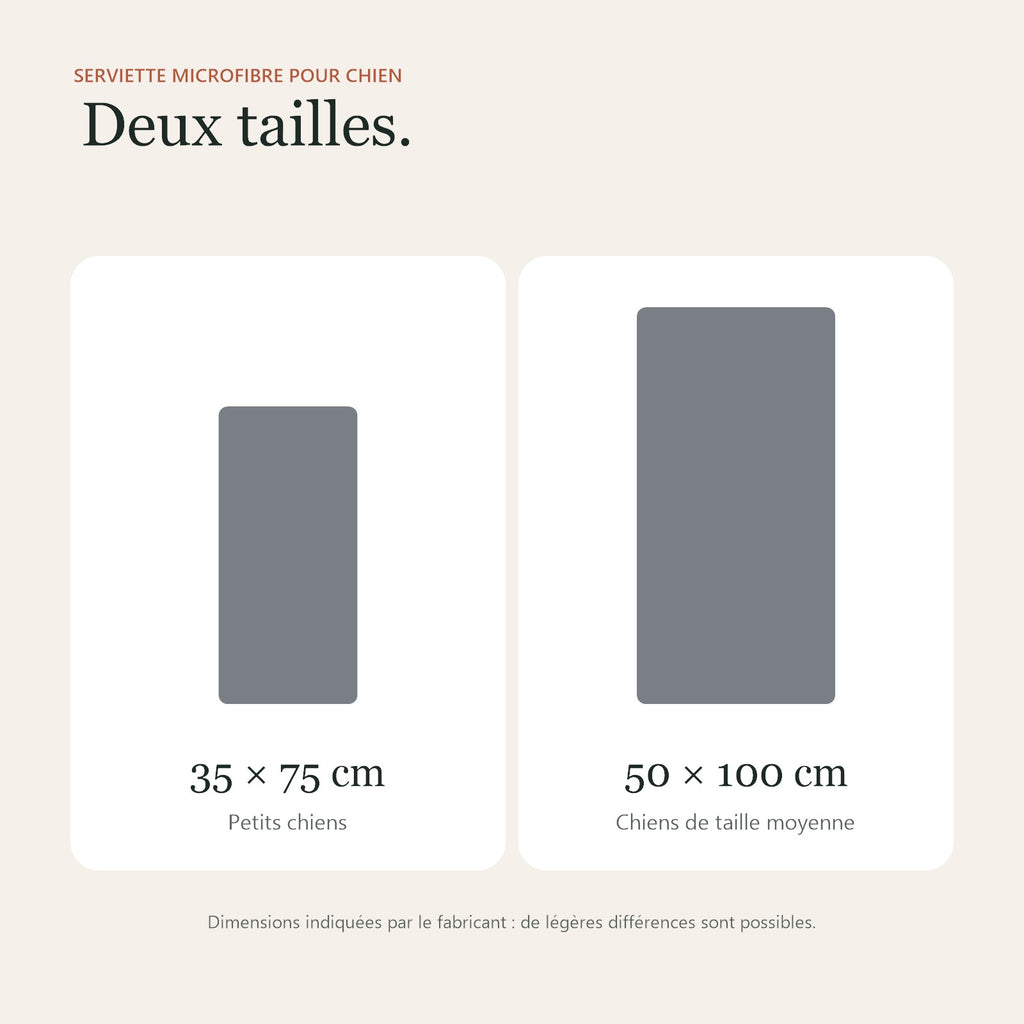 Guide des tailles : 35 × 75 cm pour les petits chiens, 50 × 100 cm pour les chiens de taille moyenne